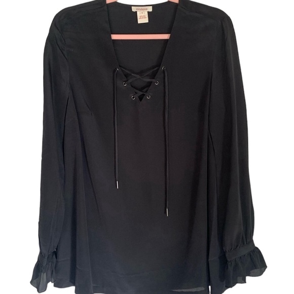 Sundance Black Silk Ruffle Lace Up Long Sleeves V-neckline Popover Casual Blouse - Picture 1 of 9